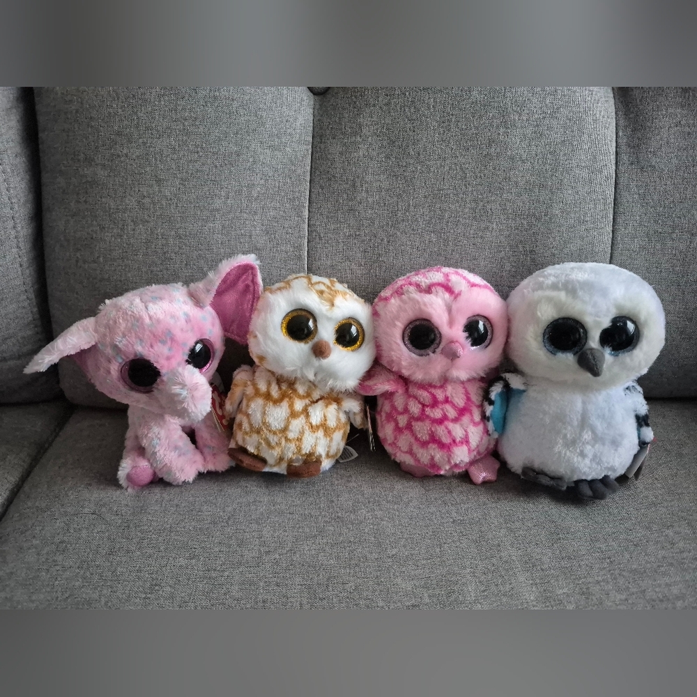 ty beanie: Plush Owls and Elephant.